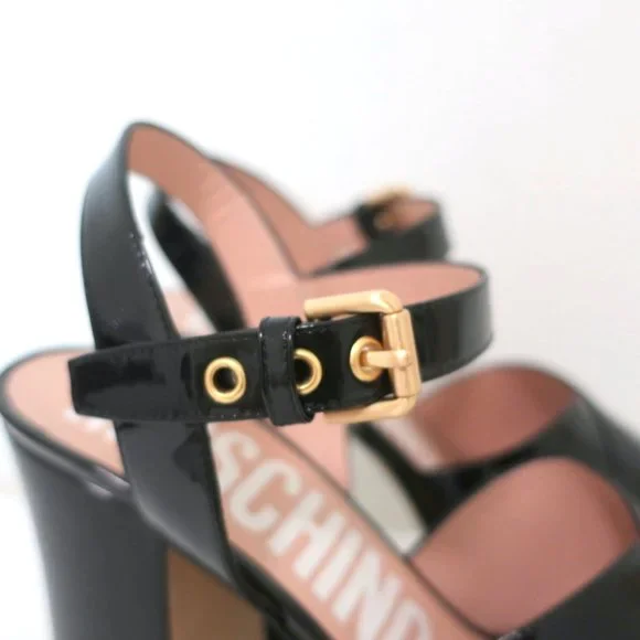MOSCHINO PLATFORM FLARE-HEEL SANDALS BLACK PATENT LEATHER SIZE 38.5 - Picture 2 of 11